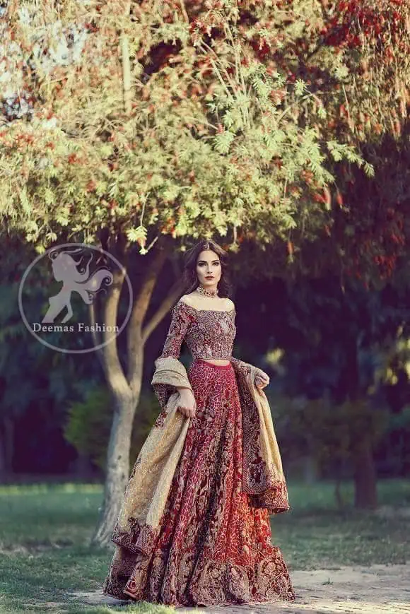 Bright red bridal lehenga choli with heavy embellishments, Deemas Fashion