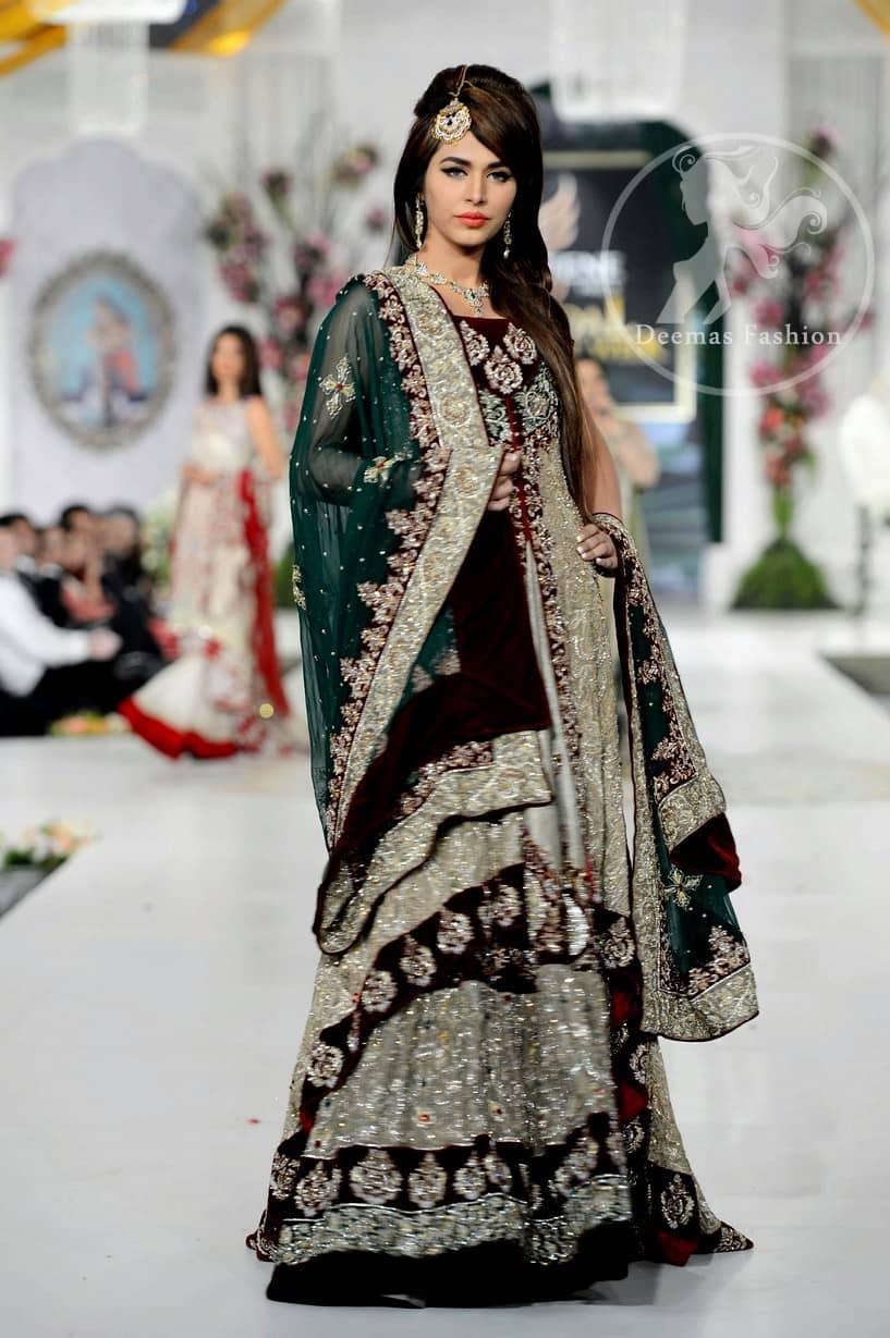 Fawn Heavy Bridal Lehnga - Bottle Green Dupatta and Front Open Gown with inner Velvet Bodice and Velvet Dupatta Back Hemming