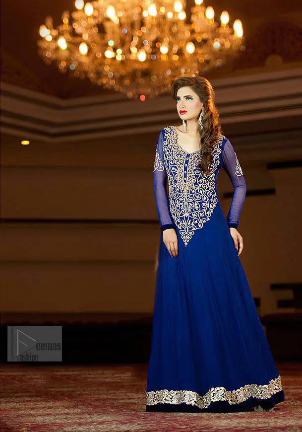 Royal Blue pure chiffon frock embellished with silver and light gold zardozi work which includes stones, kora and dabka mostly.