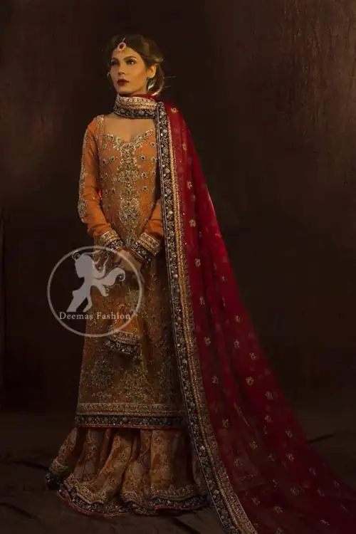 Rust pure chiffon shirt with pure brocade sharara