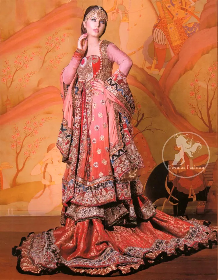 Peach Red Double Layer Front Open Gown Lehenga