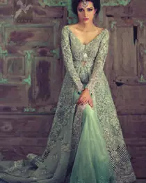 Mint Green Front Open Heavy Embroidery Gown For Bride With Back Trail Lehenga and Dupatta