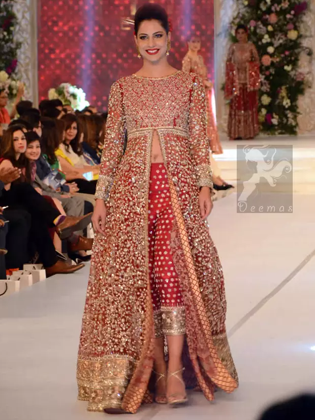Bright Red Fully Embroidered Bridal Gown 2016 With Capri Pants