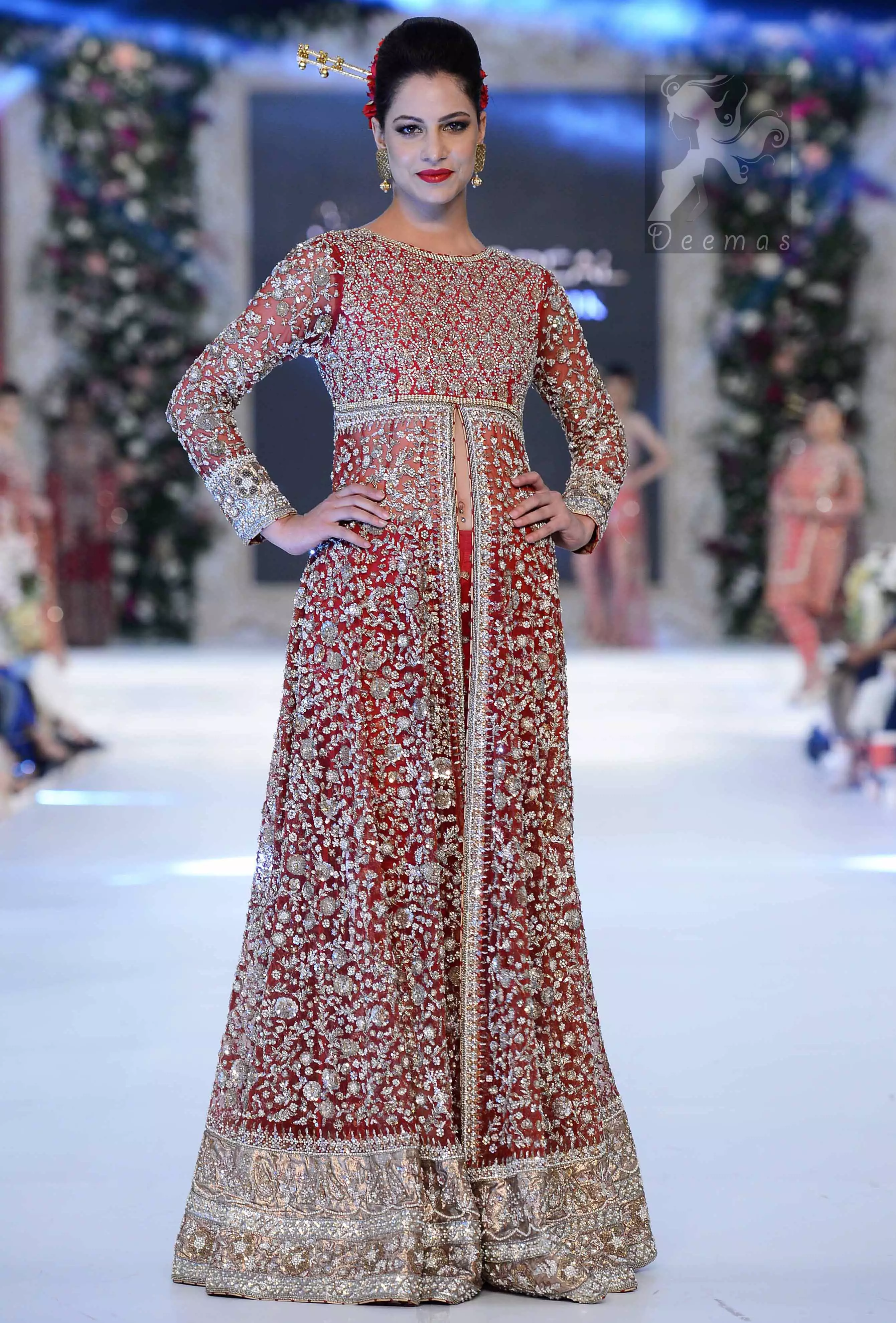 Latest Pakistani Bright Red Gown Embellished with Silver Embroidery for Brides with Capri Pants 2016