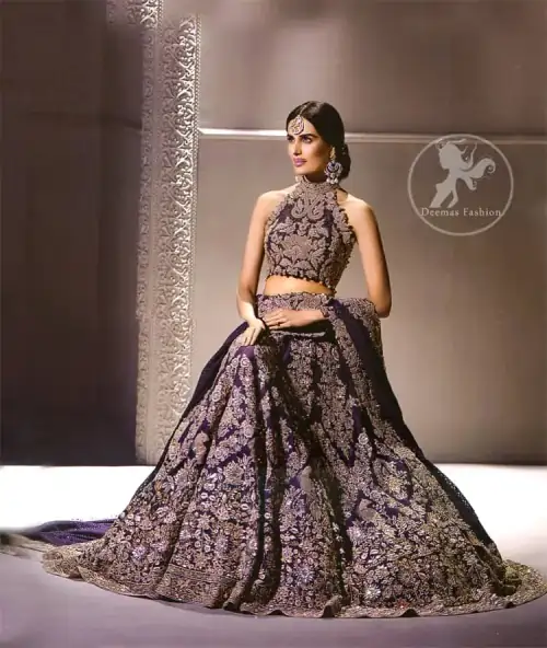 Dark Purple Bridal Blouse Lehenga Embroidered Dupatta