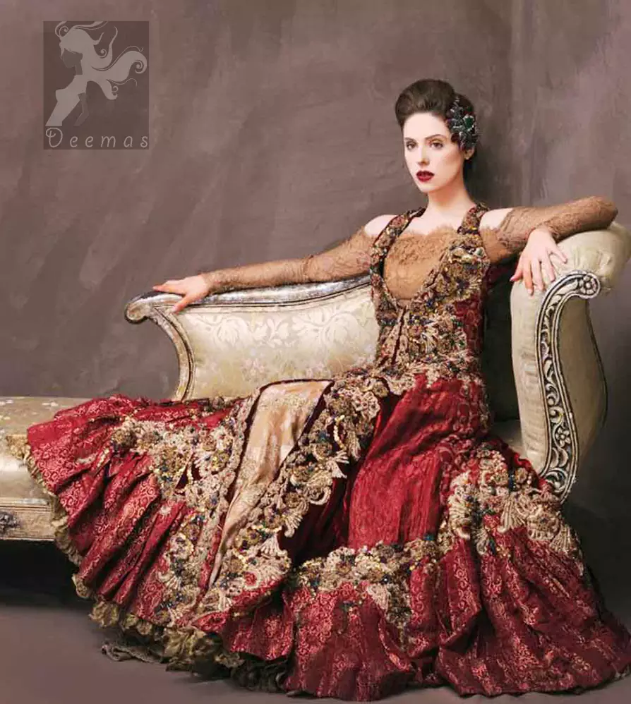 Latest Designer Wear Deep Red and Golden Double Layer Front Open Long Bridal Dress
