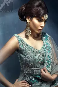 Light Grey Double Layer Back Trail Wedding Wear Frock with Lehenga and Dupatta