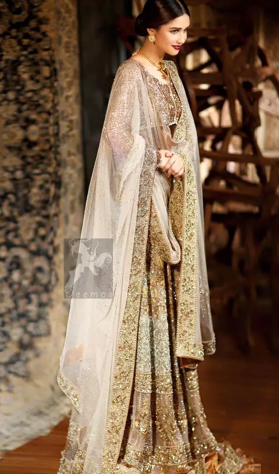 Bridal Embroidered Dupatta with Ivory White Fawn Blouse and Lehenga