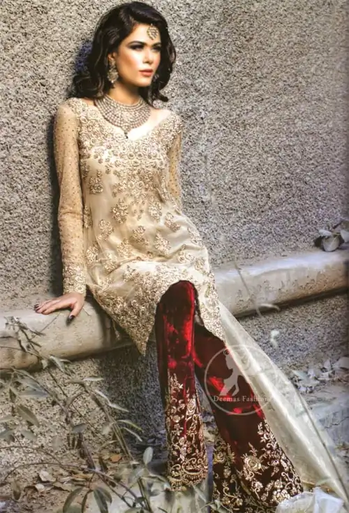 Light Golden Shirt with Deep Red Velvet Embroidered Trouser and Organza Dupatta