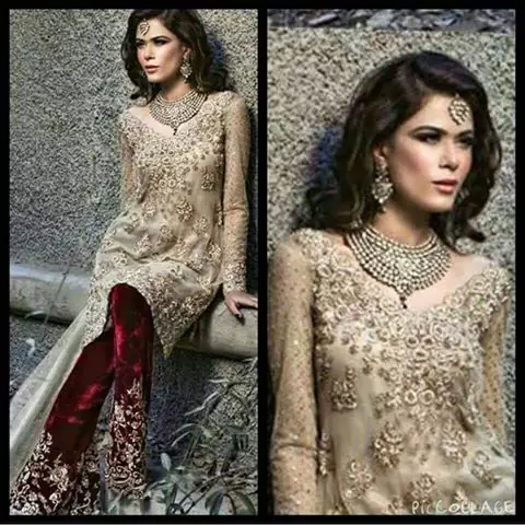 Latest Formal Wear 2016 Light Golden Shirt With Deep Red Velvet Embroidered Trouser With Organza Dupatta