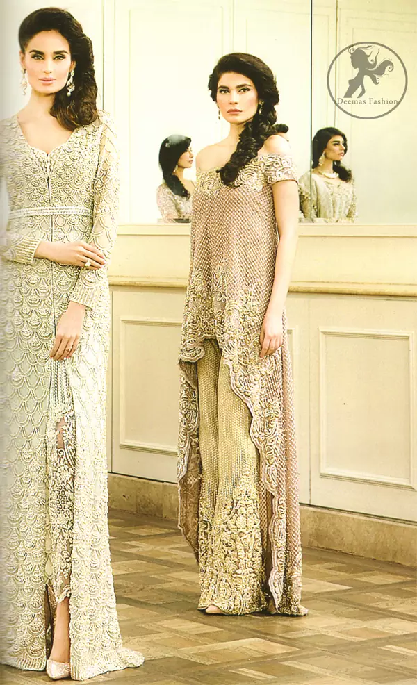 Latest Ivory White Formal Wear Front Open Gown with Embroidered Trouser 2016