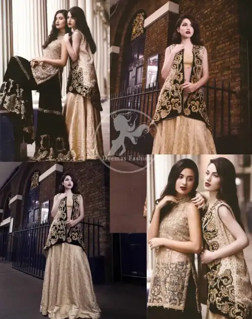 Latest Formal Wear Black Jacket having Light Golden Embroidery with Banarsi Blouse and Lehenga
