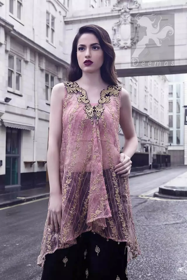 Latest Pakistani Pink Party Wear Small Length Shirt & Embroidered Sharara or Loose Trouser 2016