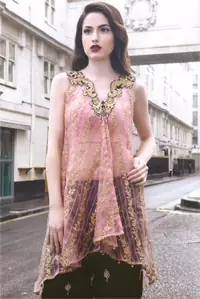 Latest Pakistani Pink Party Wear Small Length Shirt & Embroidered Sharara or Loose Trouser 2016