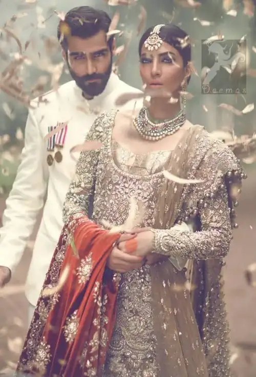 Latest Pakistani Light Brown Fully Embroidered Bridal Shirt with Lehnga and Dupatta 2016