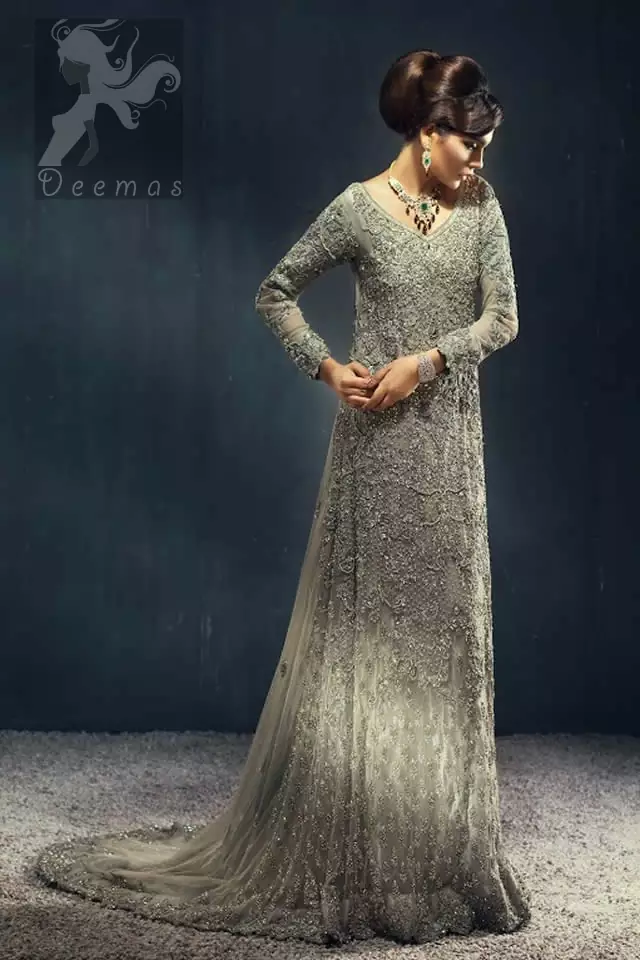 Pakistani Bridal Walima Wear Light Fawn Back Trail Maxi for 2016 Bride