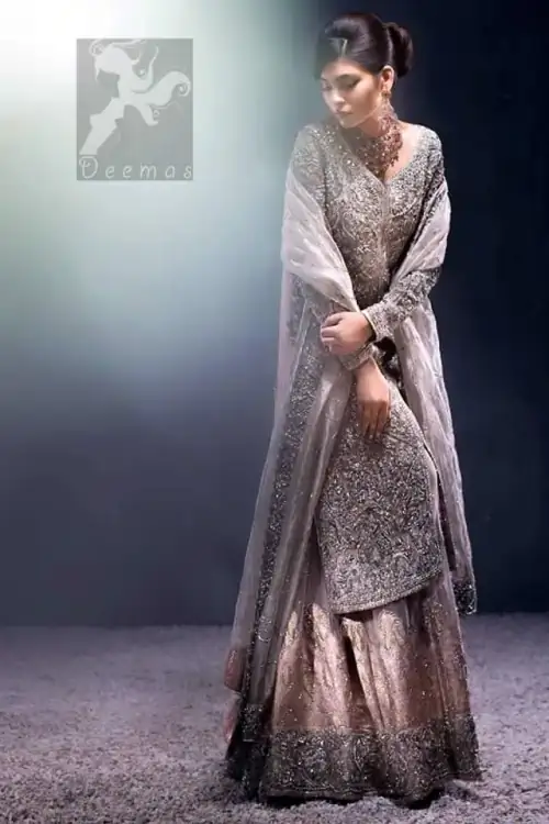 Silver Grey Front Open Gown - Organza Dupatta & Lehenga