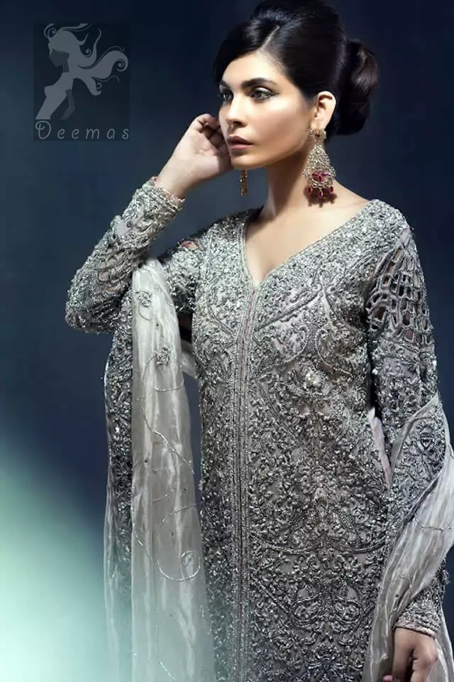 Latest Pakistani Silver Grey Front Open Gown with Lehenga and Organza Dupatta