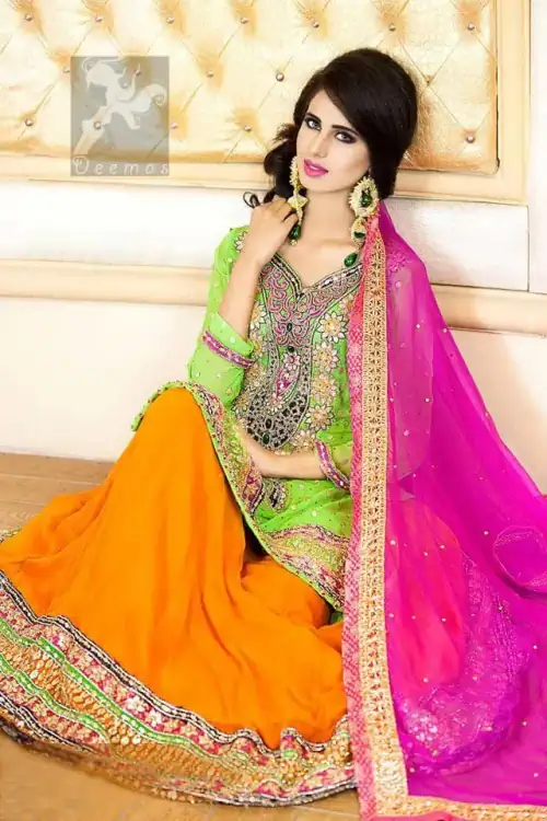 Pakistani Mehndi Dress having Bright Green Shirt With Orange Lehenga and Shocking Pink Dupatta
