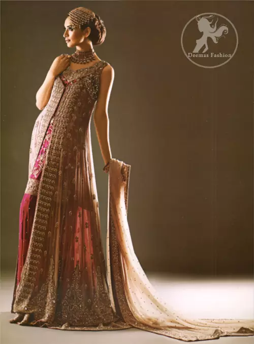 Pale Peach Heavily Embroidered Gown with Shocking Pink Straight Shirt