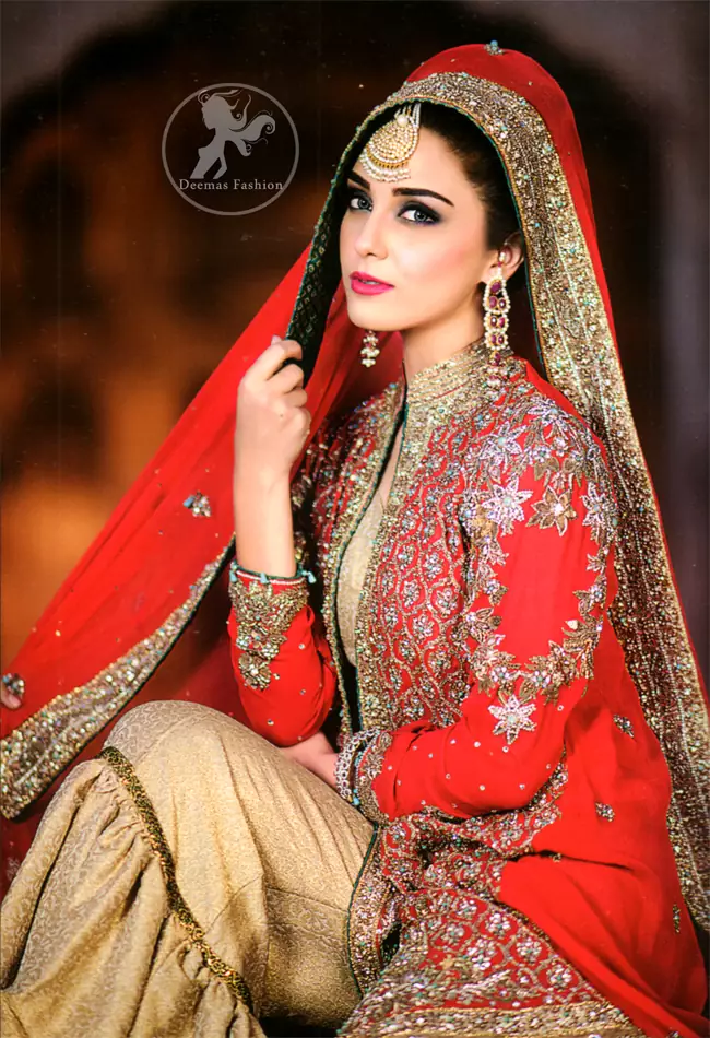 Red Front Open Bridal Gown with Golden Jamawar Gharara