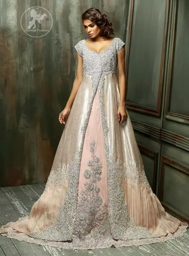 Pale Peach Front Open Back Trail Double Layer Gown with Embroidered Dupatta