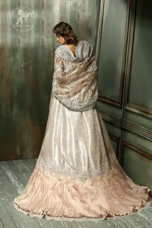 Pale Peach Front Open Back Trail Gown with Embroidered Dupatta