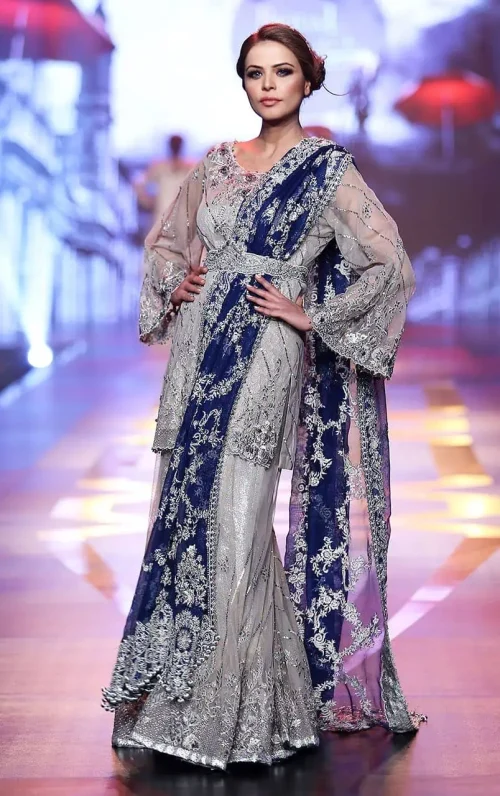 Silver Grey Bridal Dress - Short Shirt -Embroidered Sharara - Royal Blue Dupatta