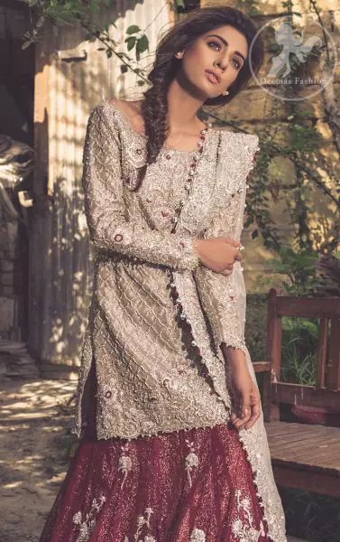 Fawn Bridal Wear Lehenga – Short Shirt – Dupatta – Deep Red Lehenga