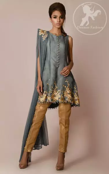 Gray Short Frock – Dupatta – Golden Cigarette Pants