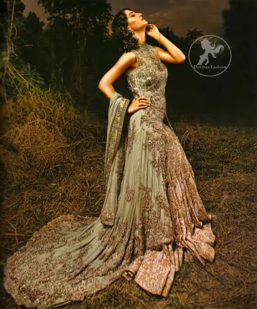 Pakistani Bridal Dresses 2017 - Light Green - Peach - Double Layer - Back Trail Maxi