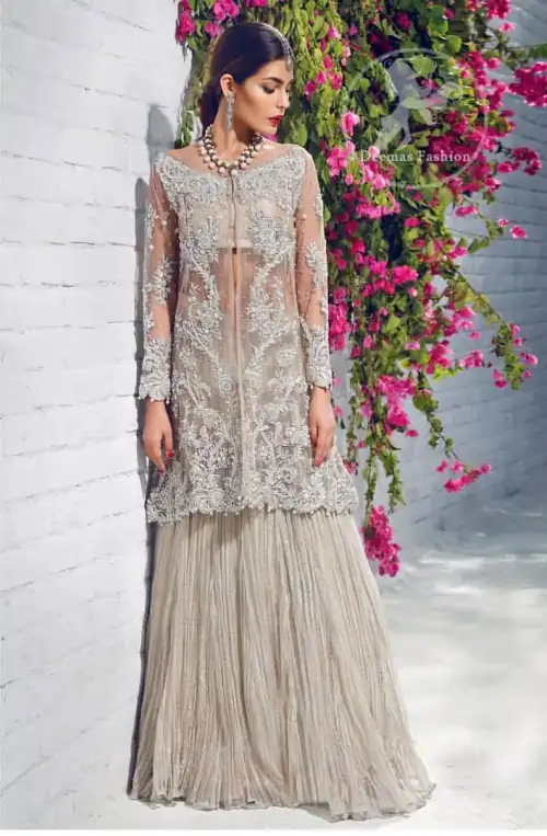 Beige Front Open Gown - Crushed Lehenga
