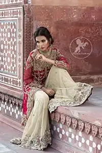 Deep Red Front Open Short Shirt - Beige Sharara