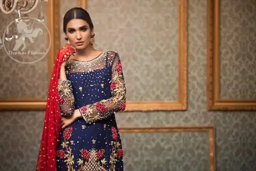 Dark Blue Shirt - Fawn Brocade Cigarette Pants - Red Dupatta