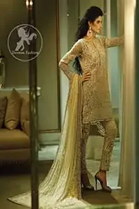 Beige Heavy Shirt - Cigarette Pants - Embroidered Dupatta