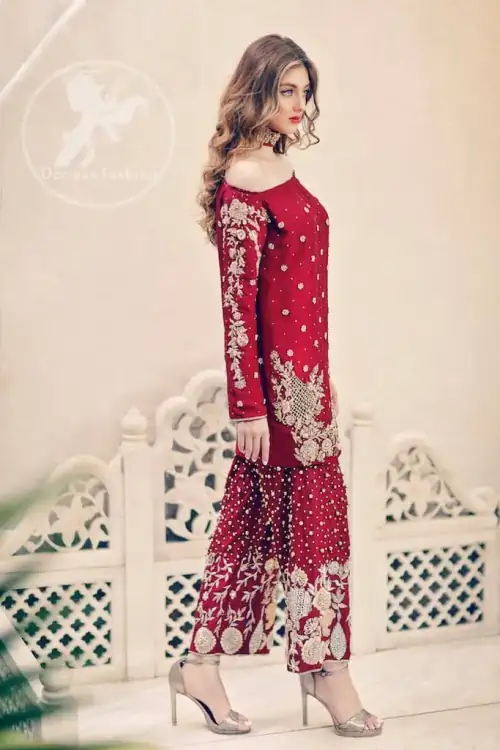 Deep Red Party Wear Dress - Short Shirt - Embroidered Trouser