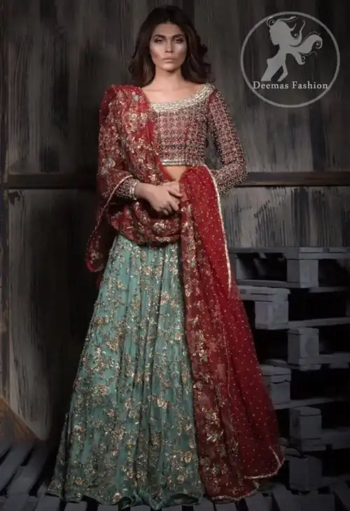 Deep Red Bridal Choli -Dupatta - Teal Green Lehenga