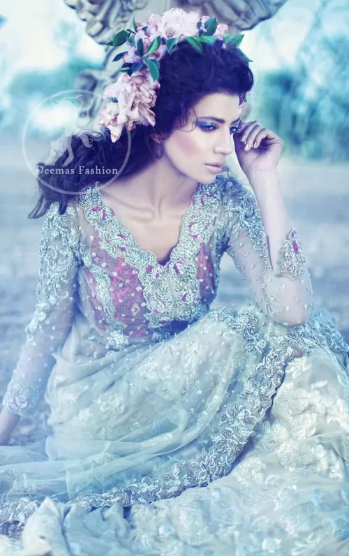 Light Gray A-Line Net Shirt And Jamawar Sharara