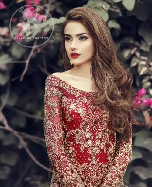 Deep Red Fully Embroidered Shirt - Back Trail Lehenga - Bridal Dupatta