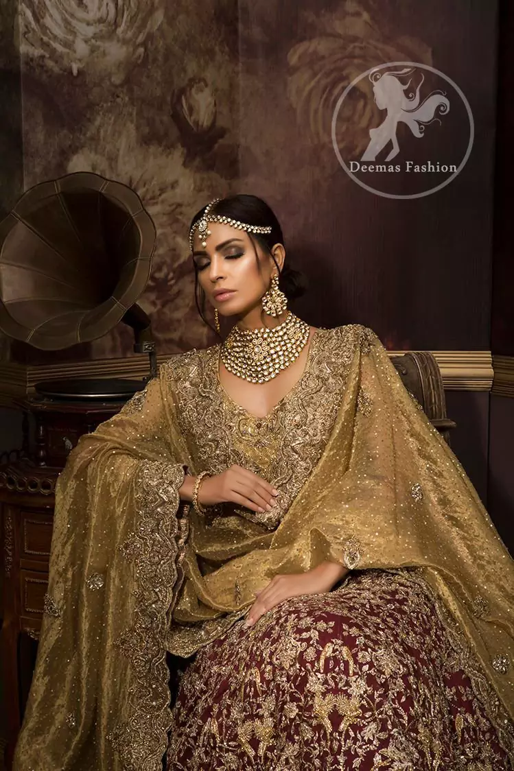 Designer Wear Bridal Collection 2017 - Dusty Gold Maroon Lehenga Choli