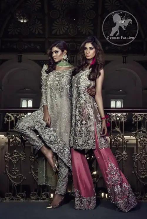 Fawn Embroidered Organza Gown. Fawn Embroidered Organza Front Open Gown Shirt features beautiful and fabulous embellishments all over.