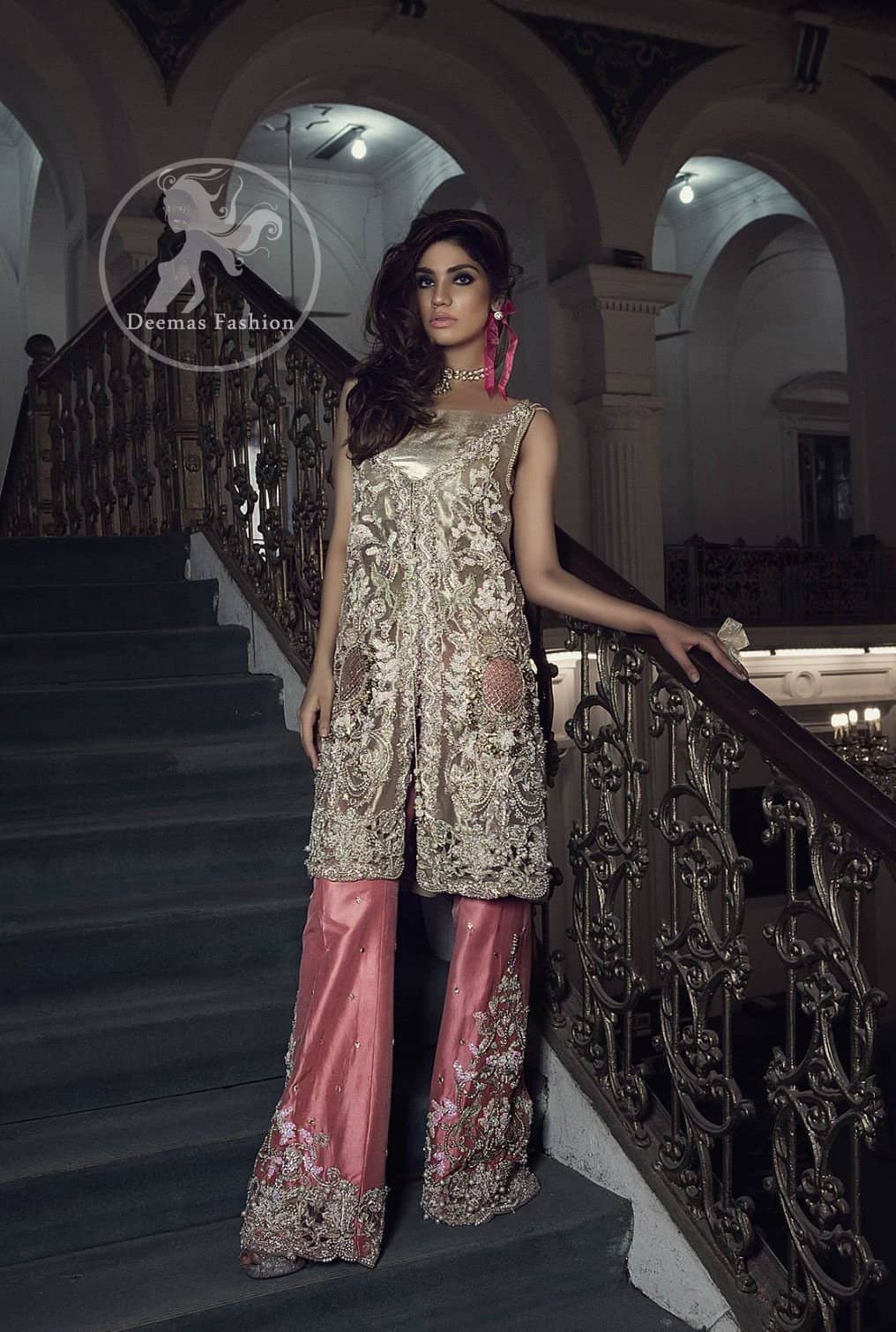 Fawn Embroidered Organza Gown - Deep Pink Bell Bottom Pants