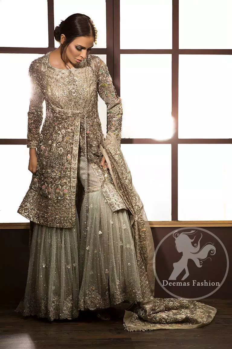 Light Fawn Embroidered Bridal Shirt - Dupatta - Gray Gharara