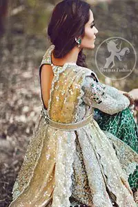 Light Fawn Front Open Shirt - Bottle Green Bridal Lehenga