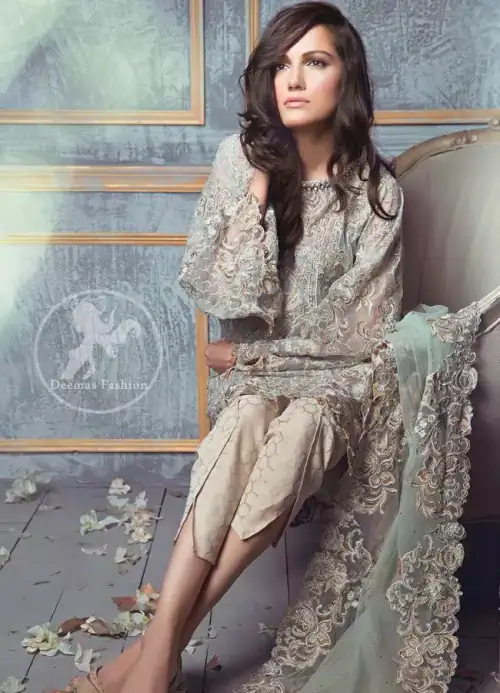 Light Teal Blue Semi Formal Shirt - Embroidered Dupatta - Beige Tulip Pants