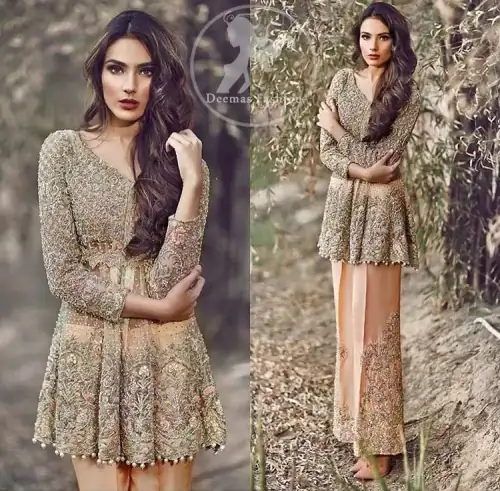 Peach Party Wear Short Frock - Embroidered Pants