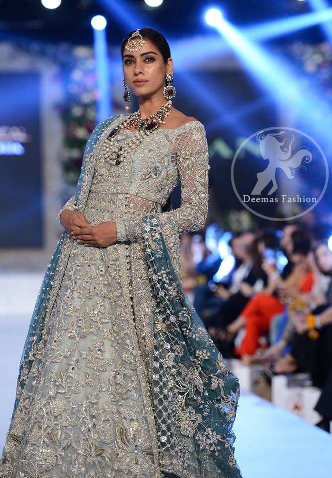 Silver Gray Bridal Frock - Lehenga - Turquoise Dupatta