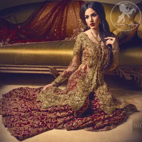 Bridal Wear Sharara - Light Fawn Front Open Gown - Deep Red Sharara