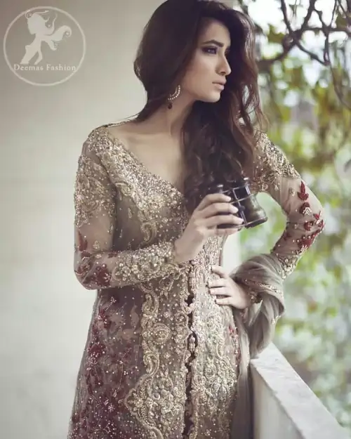 Bridal Wear Sharara - Light Fawn Front Open Gown - Deep Red Sharara