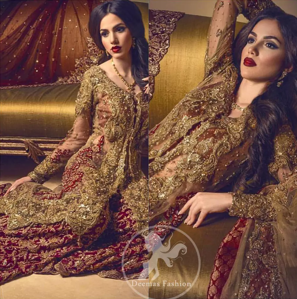 Bridal Wear Sharara - Light Fawn Front Open Gown - Deep Red Sharara